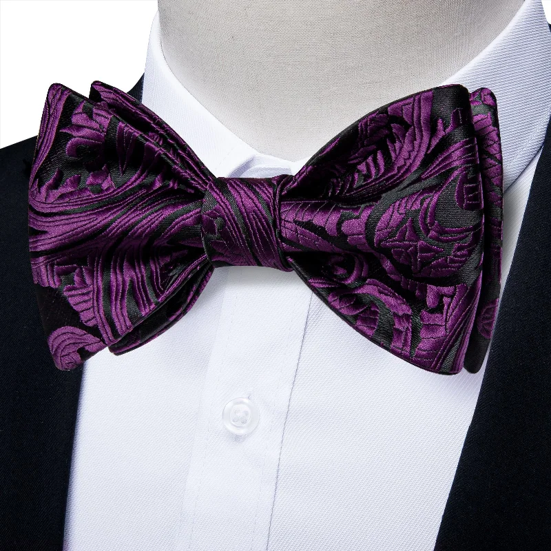 unique tie designs-Black Purple Paisley Self-tied Bow Tie Pocket Square Cufflinks Set