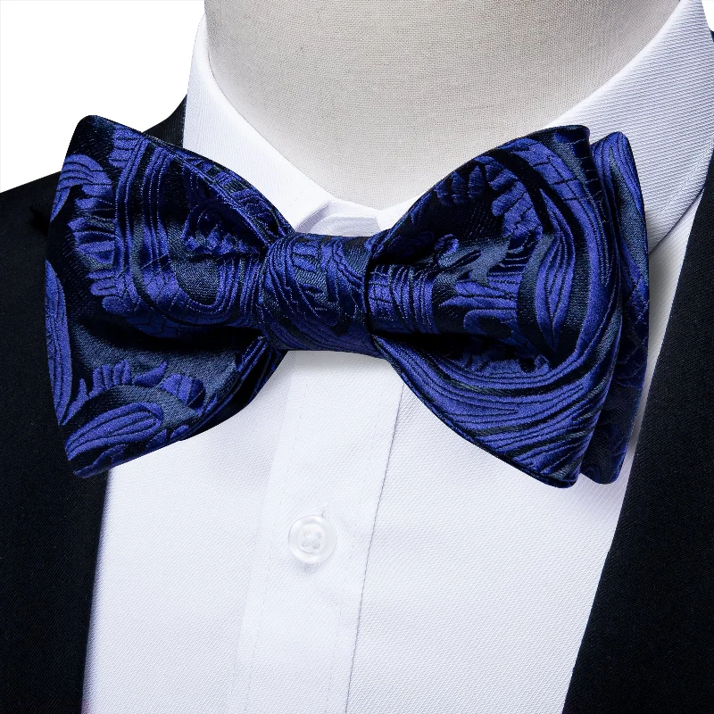 affordable ties for men-Dark Blue Paisley Self-tied Bow Tie Pocket Square Cufflinks Set