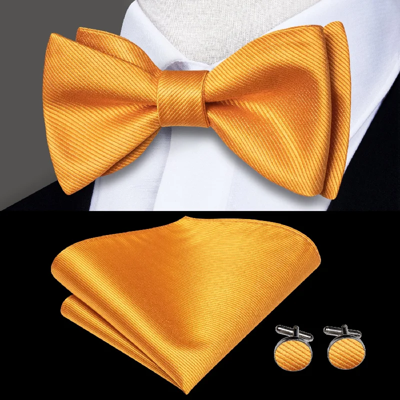 classic wedding necktie options-Golden Striped Self-tied Bow Tie Pocket Square Cufflinks Set