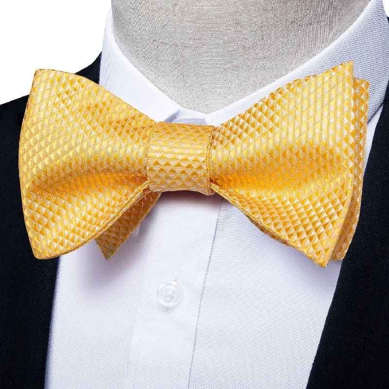 best wedding tie options-Light Yellow Plaid Self-tied Bow Tie Pocket Square Cufflinks Set