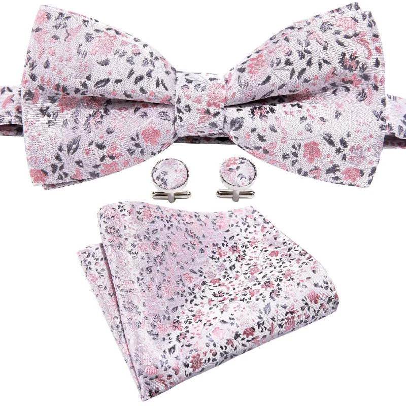 formal event neckties-Pink Grey Little Floral Pre-tied Bow Tie Hanky Cufflinks Set