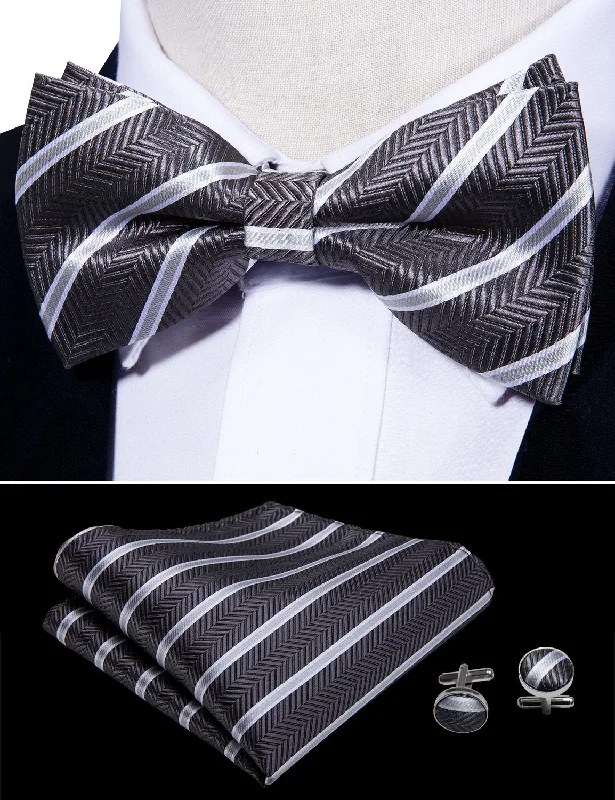 stylish designer neckties-Silver Black White Silk Striped Pre-tied Bow Tie Hanky Cufflinks Set