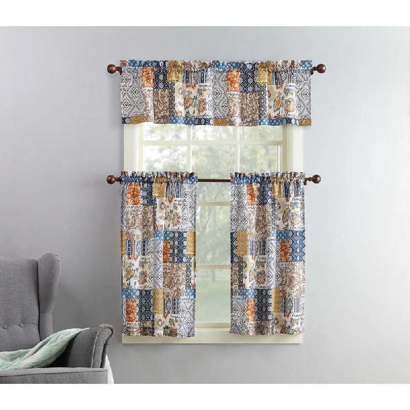 exclusive necktie collections-No. 918 Antoinette Patchwork Print Microfiber 3-Piece Kitchen Curtain Valance and Tiers Set