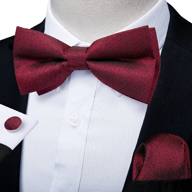 unique wedding ties-Novelty Red Solid Silk Pre-tied Bow Tie Hanky Cufflinks Set