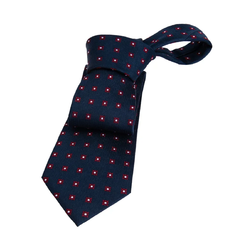 affordable ties for men-Oakland Foulard Silk Tie, Navy / Red / Silver