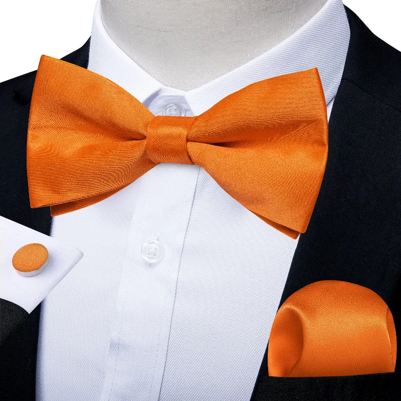 affordable ties for men-Orange Solid Men's Pre-tied Bowtie Pocket Square Cufflinks Set