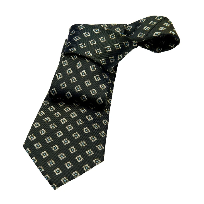 soft business ties-Pembroke Foulard Silk Tie, Olive Green / Turquoise / Silver