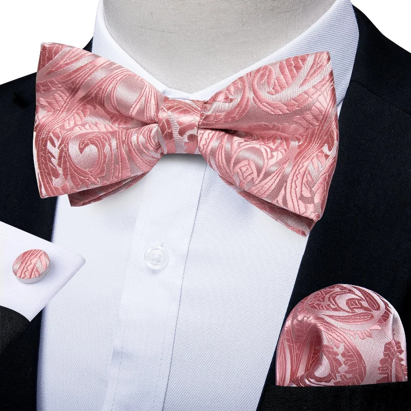 men's wedding party neckties-Pink Floral Silk Pre-tied Bow Tie Hanky Cufflinks Set