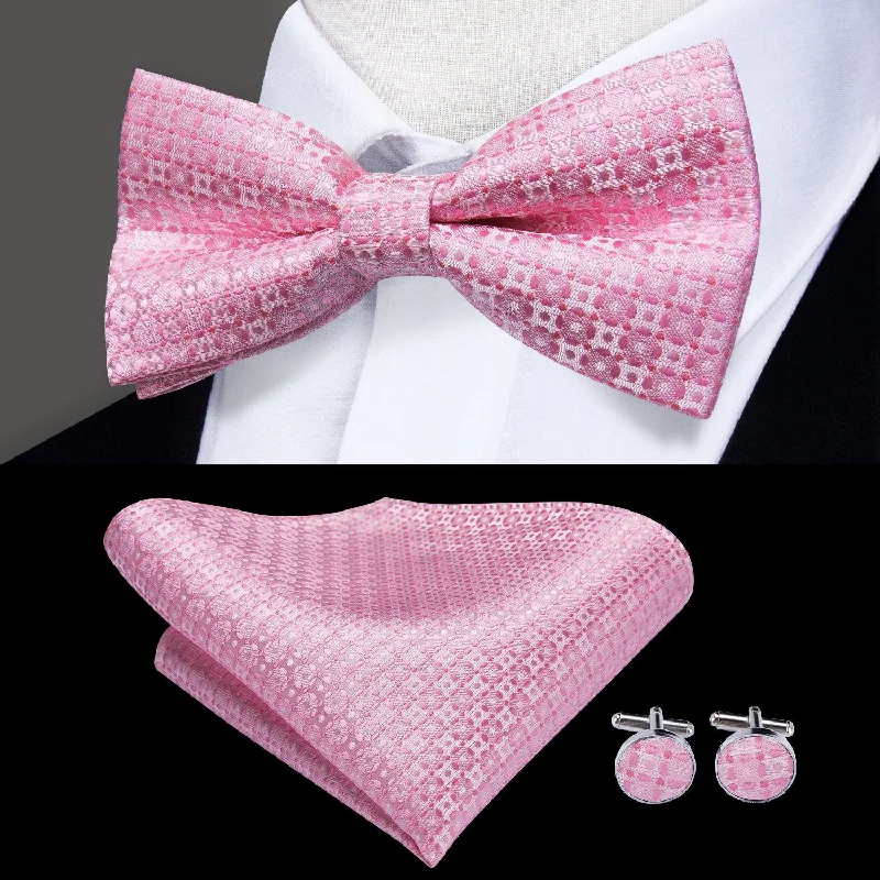 affordable office ties-Pink Novelty Pre-tied Bow Tie Hanky Cufflinks Set