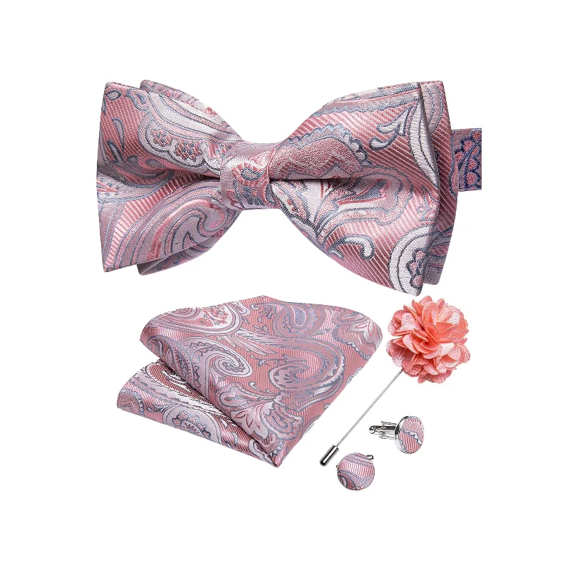 unique tie designs-Pink Paisley Men's Pre-tied Bowtie Pocket Square Cufflinks Set with Lapel Pin