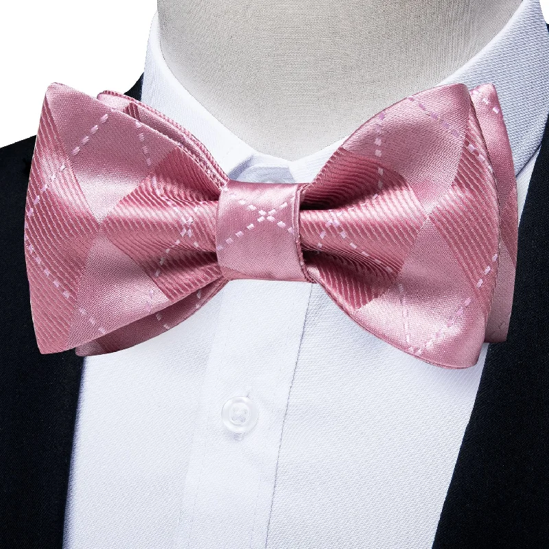 affordable formal neckties-Pink Plaid Self-tied Bow Tie Hanky Cufflinks Set