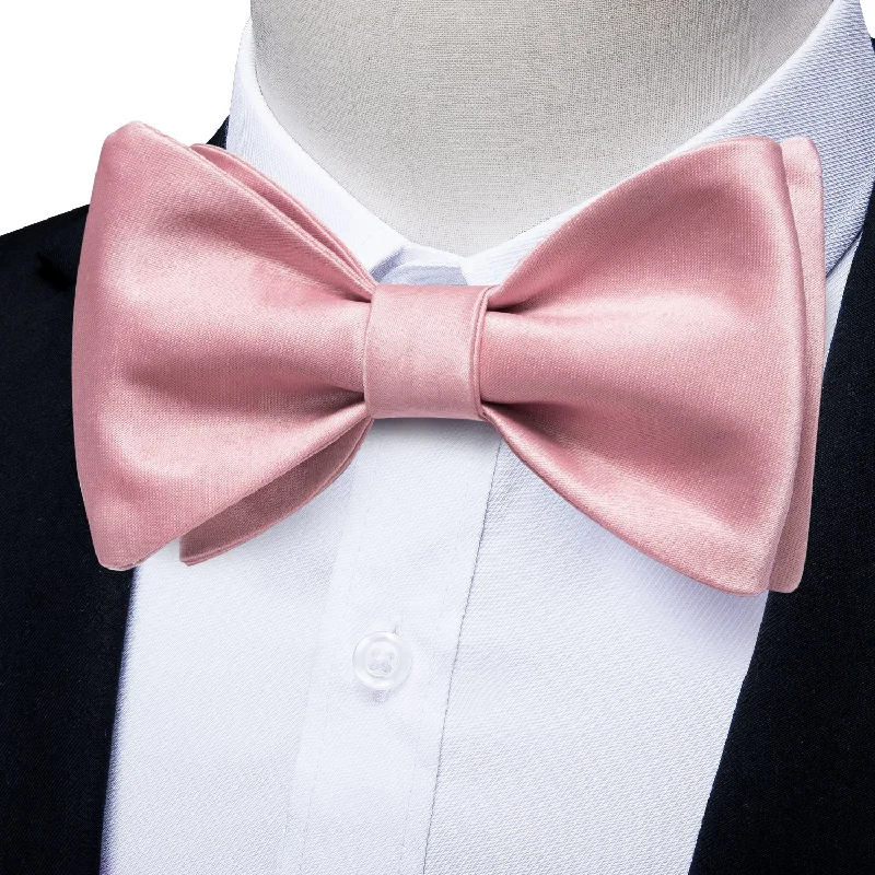 business event neckties-Pink Powder Rose Solid Self-tied Bow Tie Pocket Square Cufflinks Set