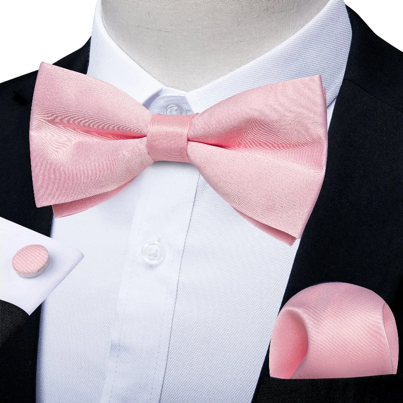 designer neckties-Pink Solid Men's Pre-tied Bowtie Pocket Square Cufflinks Set