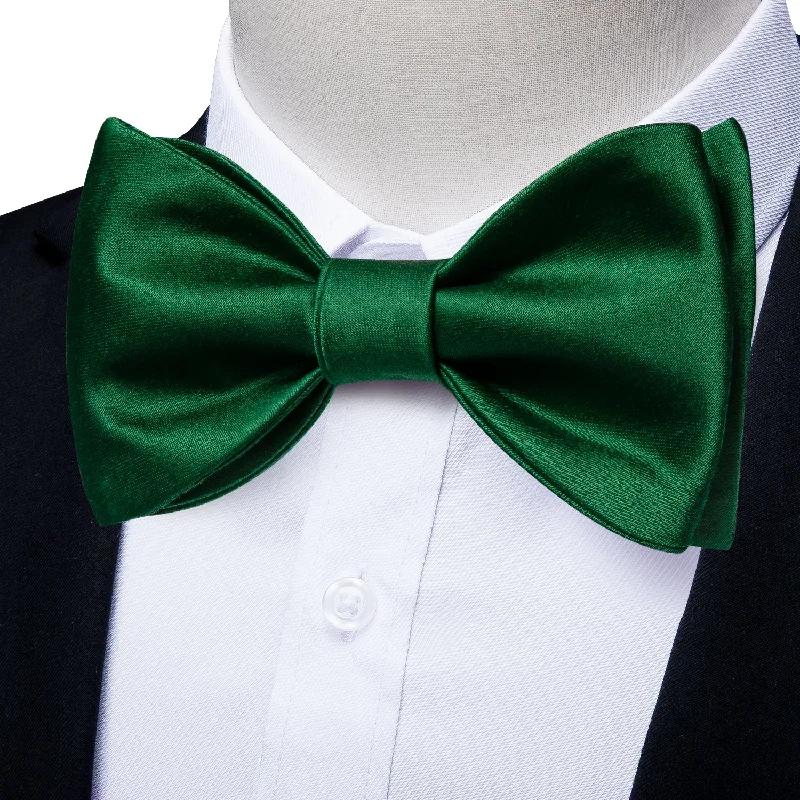 trendy necktie combinations-Pure Green Solid Self-tied Silk Bow Tie Pocket Square Cufflinks Set