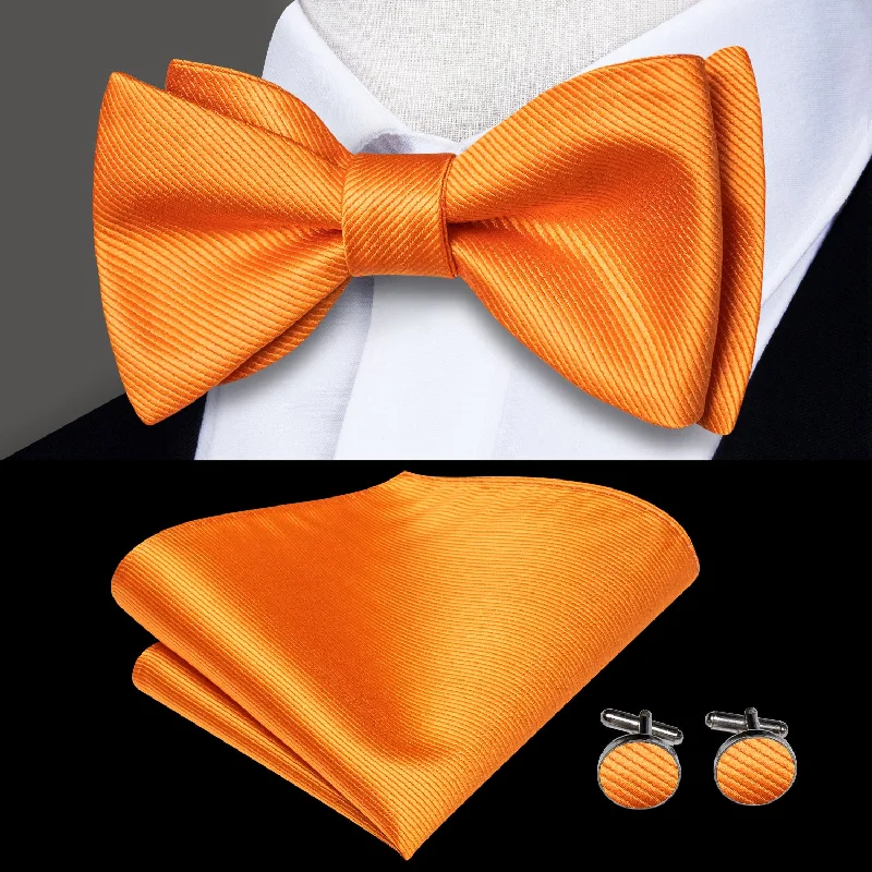 office bow ties-Pure Orange Striped Self-tied Bow Tie Pocket Square Cufflinks Set