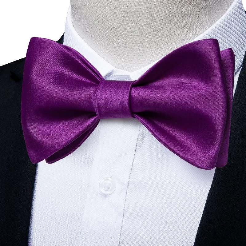 best silk necktie brands-Pure Purple Solid Self-tied Silk Bow Tie Pocket Square Cufflinks Set