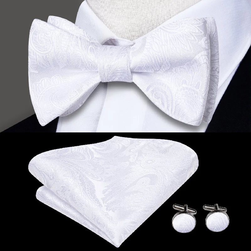 silk ties with intricate patterns-Pure White Paisley Self-tied Bow Tie Pocket Square Cufflinks Set