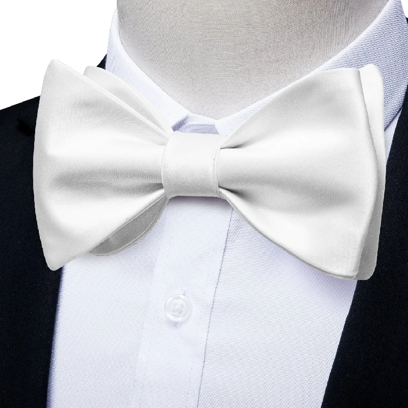 stylish ties for formal wear-Pure White Solid Self-tied Bow Tie Pocket Square Cufflinks Set