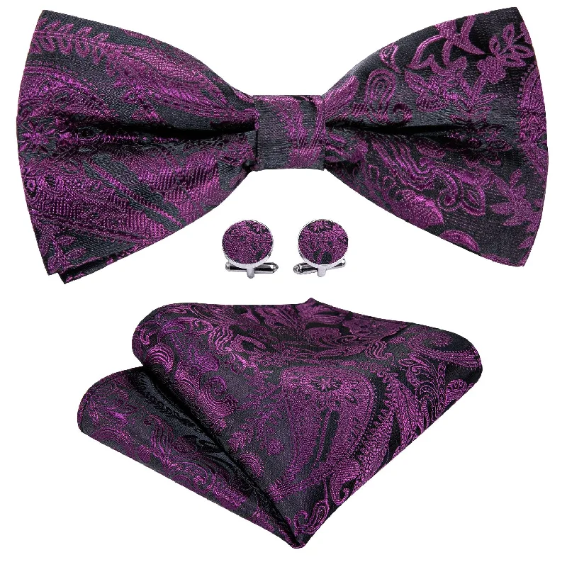 neckties for corporate attire-Purple Black Paisley Pre-tied Bow Tie Hanky Cufflinks Set