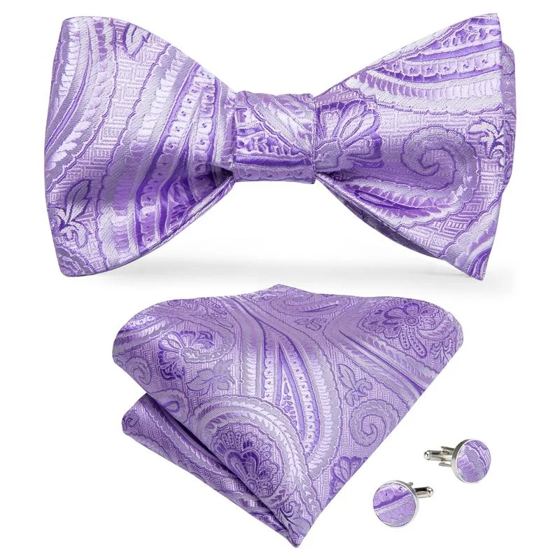 men's necktie and pocket square sets-Purple Paisley Self-tied Bow Tie Pocket Square Cufflinks Set