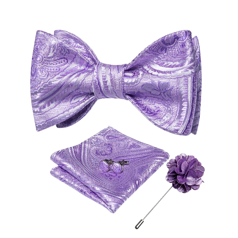 skinny ties for men-Purple Paisley Self-tied Bow Tie Pocket Square Cufflinks Set with Lapel Pin