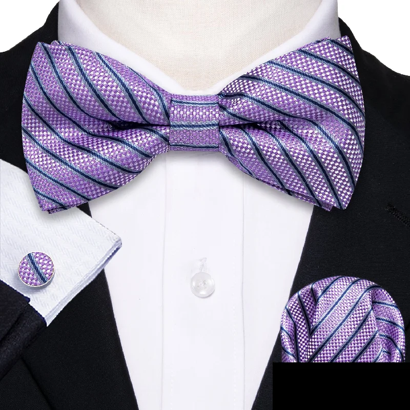 classic silk wedding ties-Purple Striped Men's Pre-tied Bowtie Pocket Square Cufflinks Set