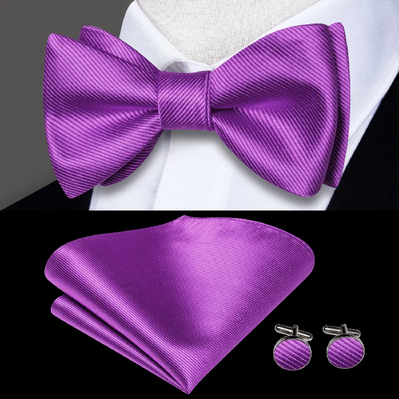 fashionable silk ties for men-Purple Striped Self-tied Bow Tie Pocket Square Cufflinks Set