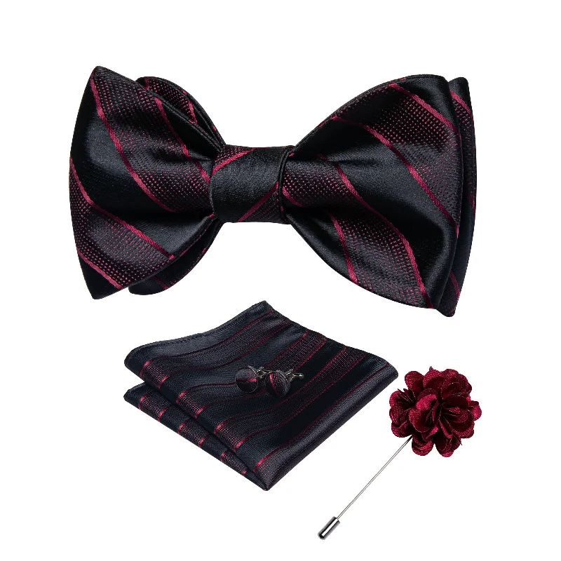 navy blue ties-Red Black Paisley Self-tied Bow Tie Pocket Square Cufflinks Set with Lapel Pin