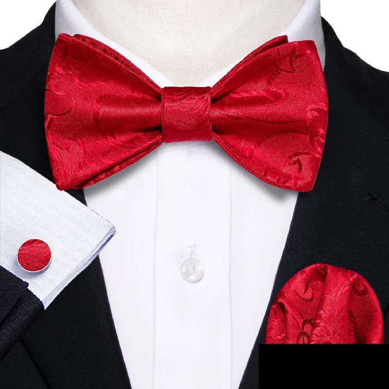 classic wedding neckties-Red Floral Self-tied Bow Tie Hanky Cufflinks Set