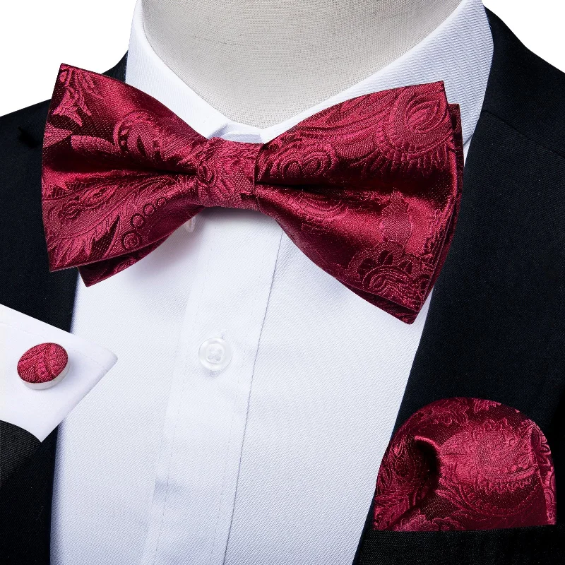 casual chic ties-Red Floral Silk Pre-tied Bow Tie Hanky Cufflinks Set