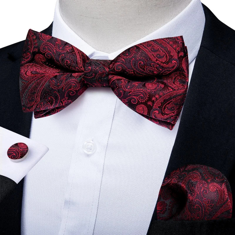 multi-pack neckties for men-Red Floral Silk Self-tied Bow Tie Hanky Cufflinks Set