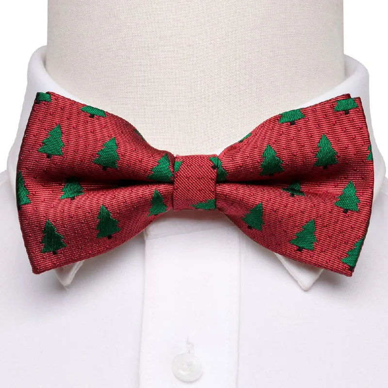 tie styles for weddings-Red Green Christmas Tree Novelty Men's Pre-tied Bowtie Pocket Square Cufflinks Set