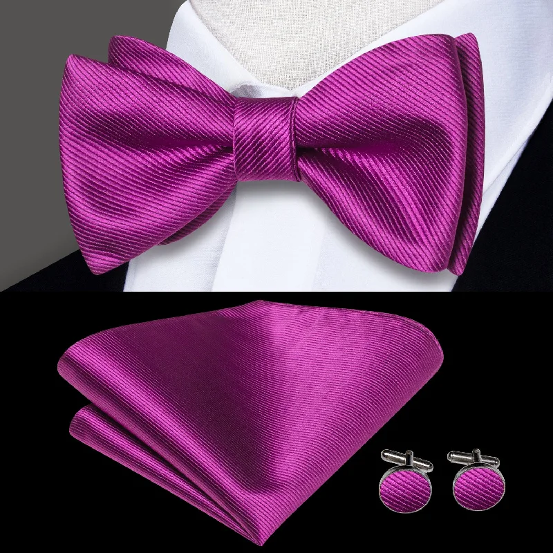 neckties for corporate attire-Rose Purple Striped Self-tied Bow Tie Pocket Square Cufflinks Set