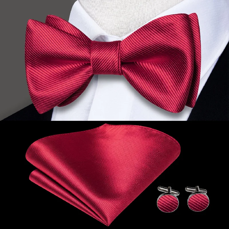 fun color neckties-Rose Red Striped Self-tied Bow Tie Pocket Square Cufflinks Set