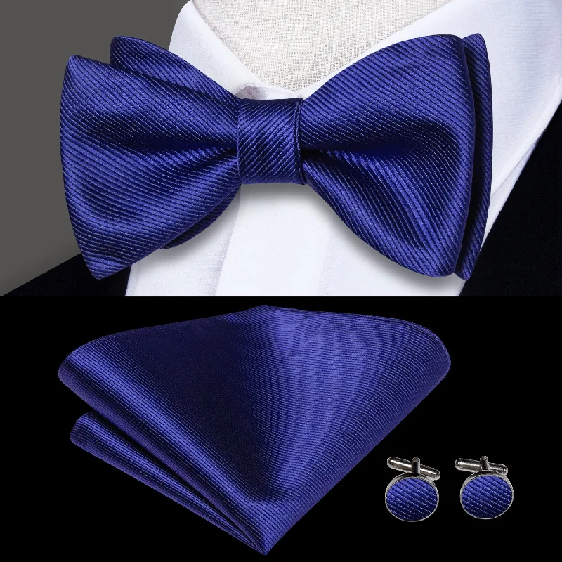 affordable office ties-Royal Blue Striped Self-tied Bow Tie Pocket Square Cufflinks Set