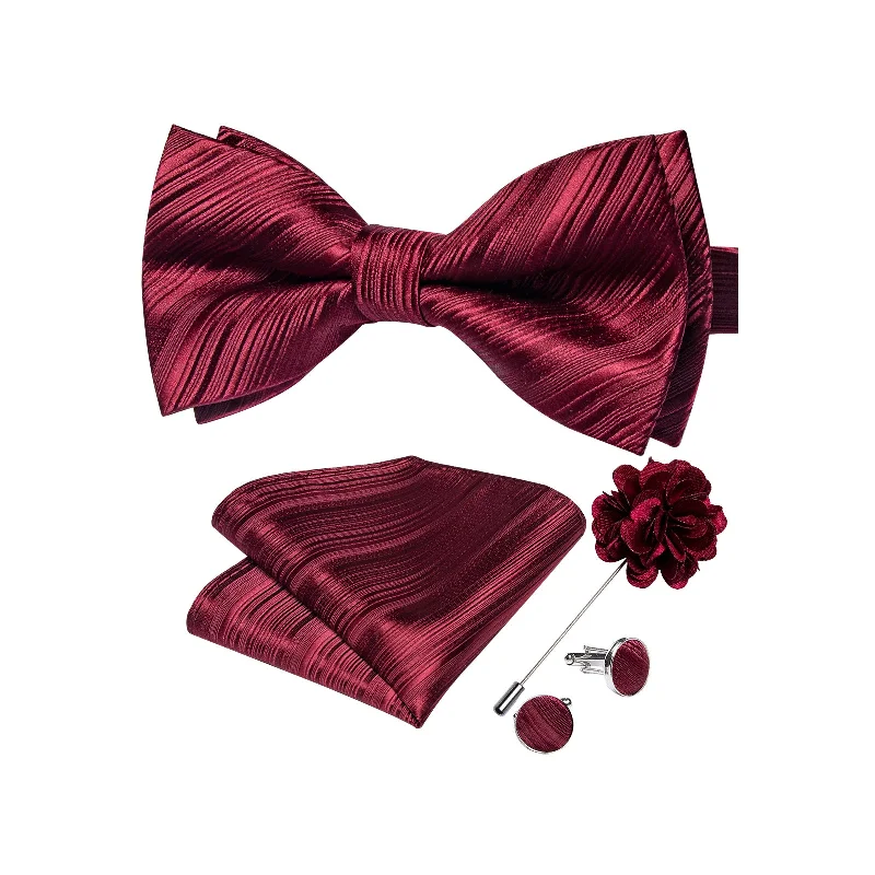 men's ties for church-Shiny Burgundy Red Striped Men's Pre-tied Bowtie Pocket Square Cufflinks Set with Lapel Pin