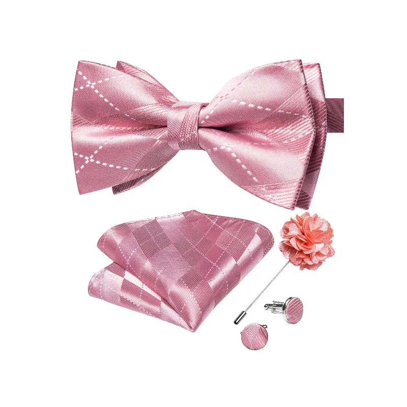 cotton neckties-Shiny Pink Plaid Men's Pre-tied Bowtie Pocket Square Cufflinks Set with Lapel Pin