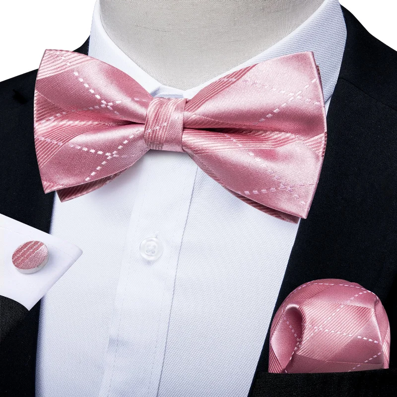 soft touch neckties-Shiny Pink Plaid Men's Pre-tied Bowtie Pocket Square Cufflinks Set