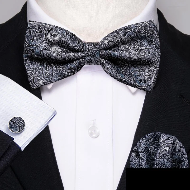 quality silk bow ties-Silver Black Paisley Men's Pre-tied Bowtie Pocket Square Cufflinks Set