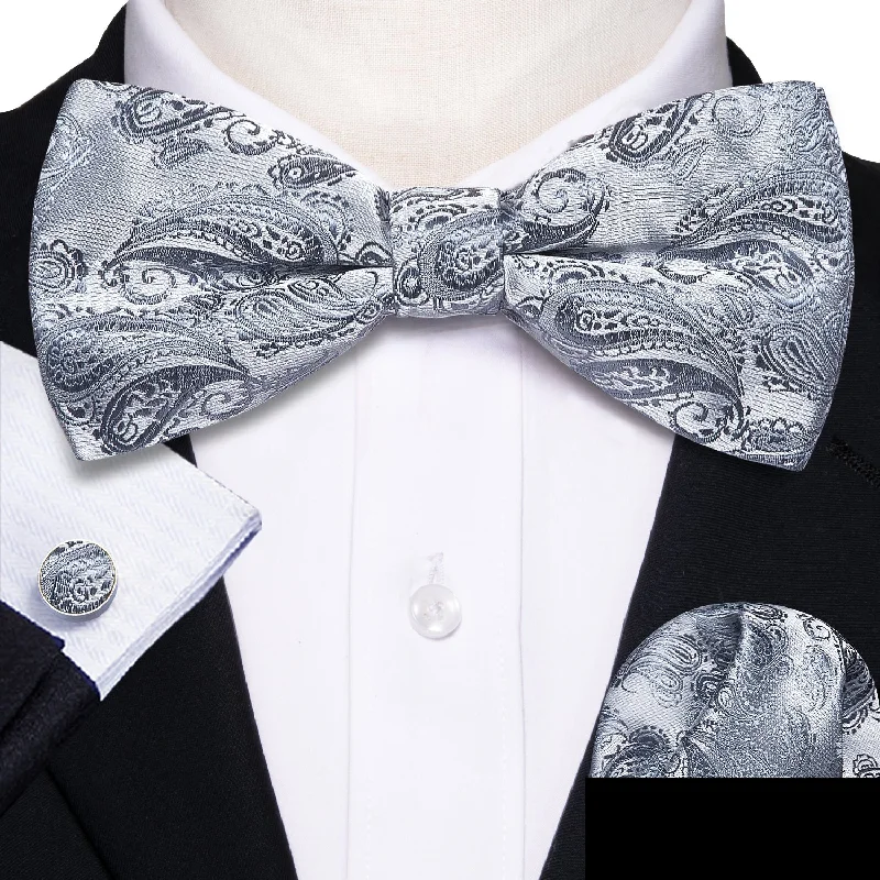 wedding necktie ideas-Silver Paisley Pre-tied Bow Tie Hanky Cufflinks Set