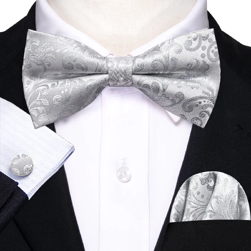 classic wedding necktie options-Silver Paisley Pre-tied Bow Tie Hanky Cufflinks Set