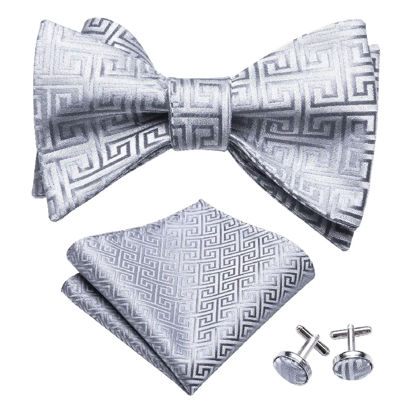 men's casual bow ties-Sliver Plaid Self-tied Bow Tie Hanky Cufflinks Set