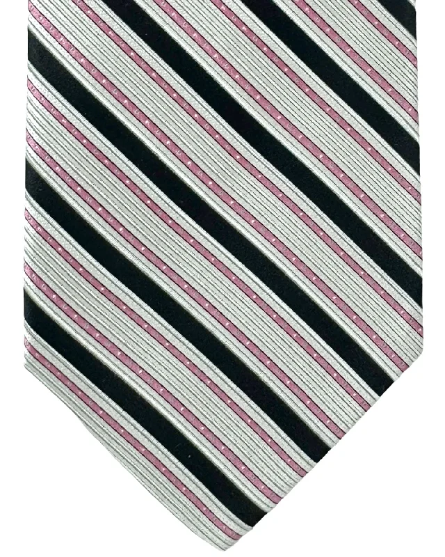 premium men's necktie sets-Stefano Ricci Silk Tie Black Silver Pink Stripes