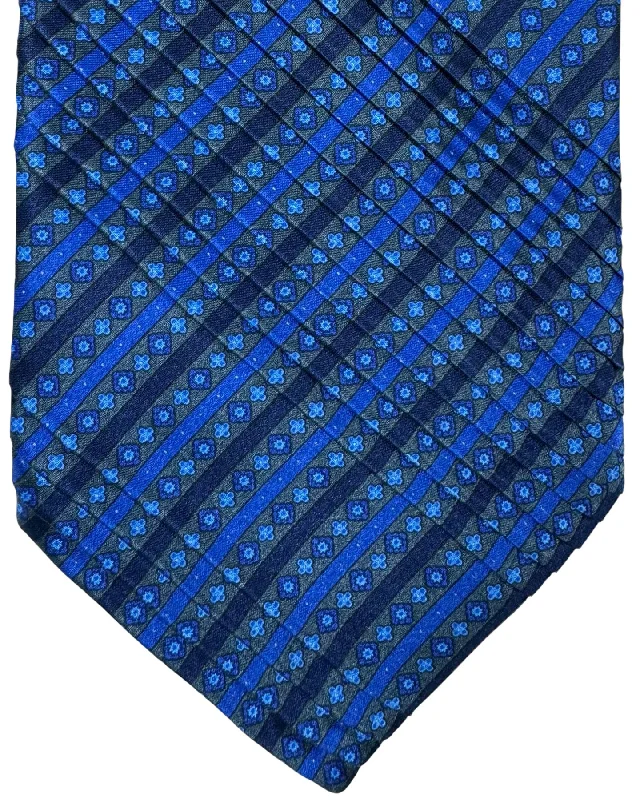 affordable ties for men-Stefano Ricci Tie Royal Blue Gray Mini Flowers Stripes - Pleated Silk