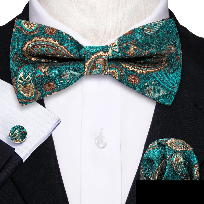 unique color neckties-Teal Blue Paisley Pre-tied Bow Tie Hanky Cufflinks Set