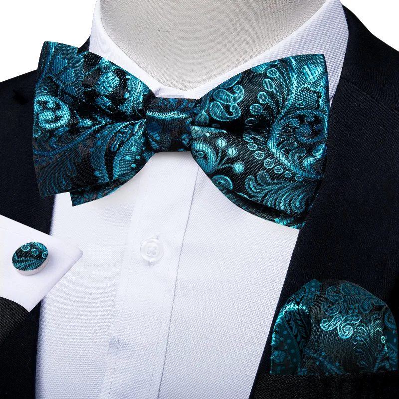 wedding necktie sets-Teal Floral Men's Pre-Bowtie Square Handkerchief Cufflinks Set