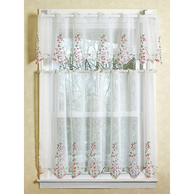 affordable office ties-Violet Linen Lima Sheer White Flowers Design 3pc Set 60" x 18" Valance, 30" x 36" Tiers, Decorative Window Kitchen Curtain Set