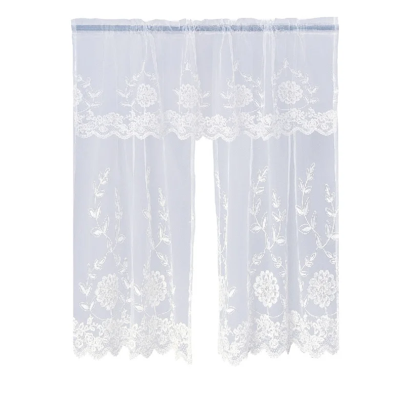 tie bundles for men-Violet Linen Royalty Embroidered Sheer Lace, Ivory 3pc Set 60"x18" Valance, 30"x36" Tiers, Decorative Window Kitchen Curtain