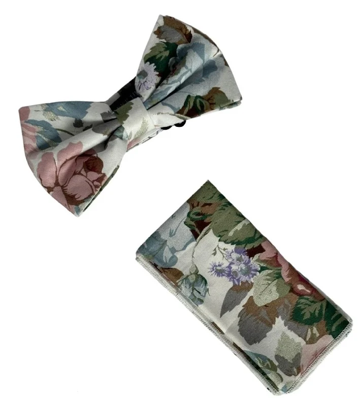 dark ties for professional attire-watercolour style English pink rose garden cotton  bow tie and matching pocket square