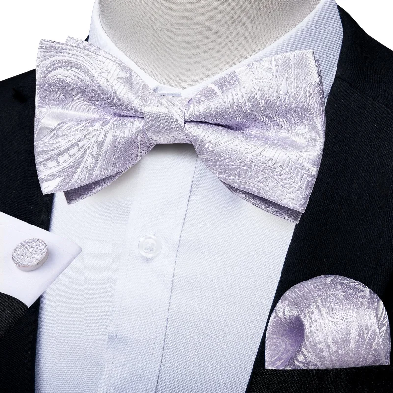 tie bundles for men-White Floral Silk Pre-tied Bow Tie Hanky Cufflinks Set